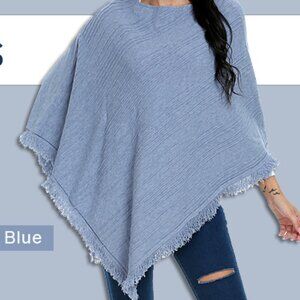 Oshlen Heather Baby Blue Knitted Pullover Sweater Fringe Poncho. Sz; M